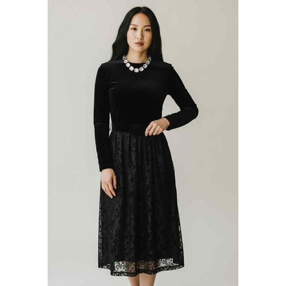 Vintage Susan Bennett Black Velvet Lace Midi Dress Bow Belt Korea Size 10 Lined - Picture 2 of 6